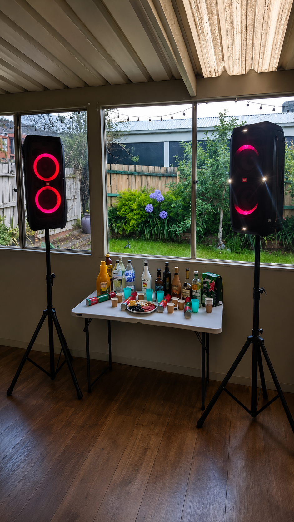 Daytime house party speaker setup beside drinks table